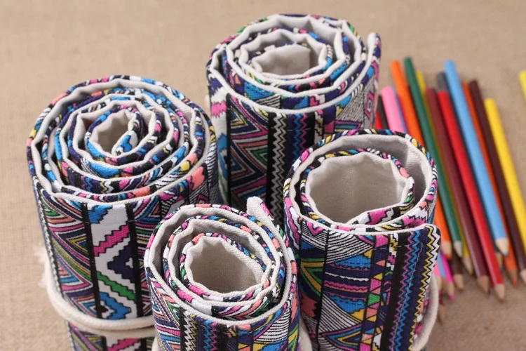 
Simple National style curtain roll pen bag 36/48/72/108 hole large capacity student canvas pencil case 