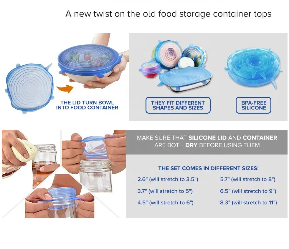 Hot selling 6 Pack Various Sizes Reusable Silicone Stretch Lids
