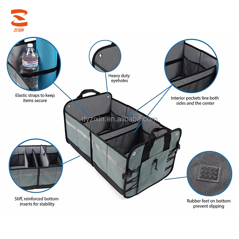 The Popular Car Trunk Organizer Foldable Storage Box with 12 Pockets and 2 Elastic Straps for SUV Vans Cars Trucks