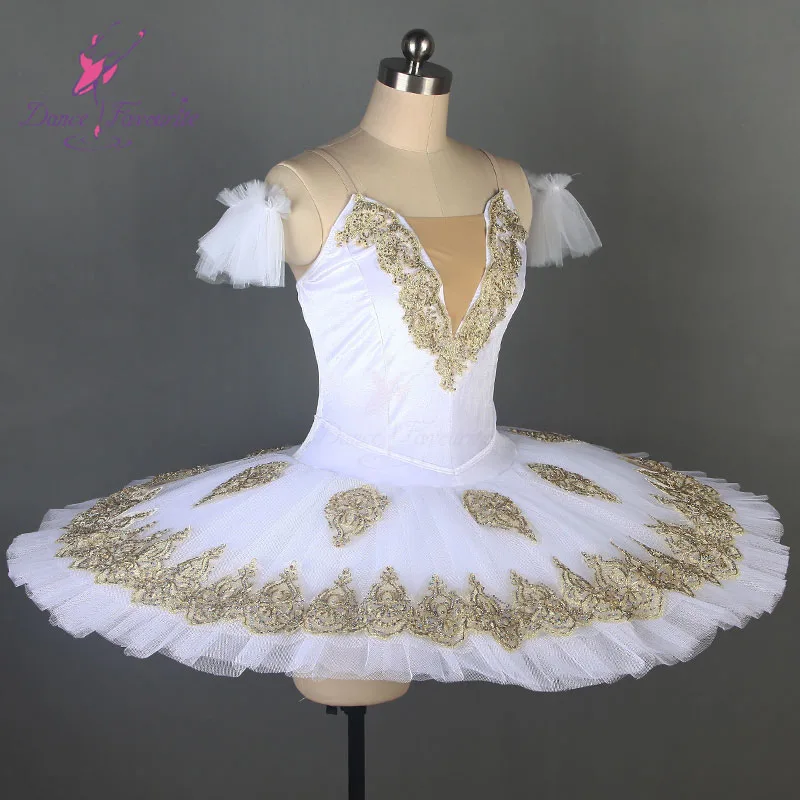 7 layers stiff tulle white professional ballet tutu with gold trim performance dance wear classic tutus dance costume BLL084