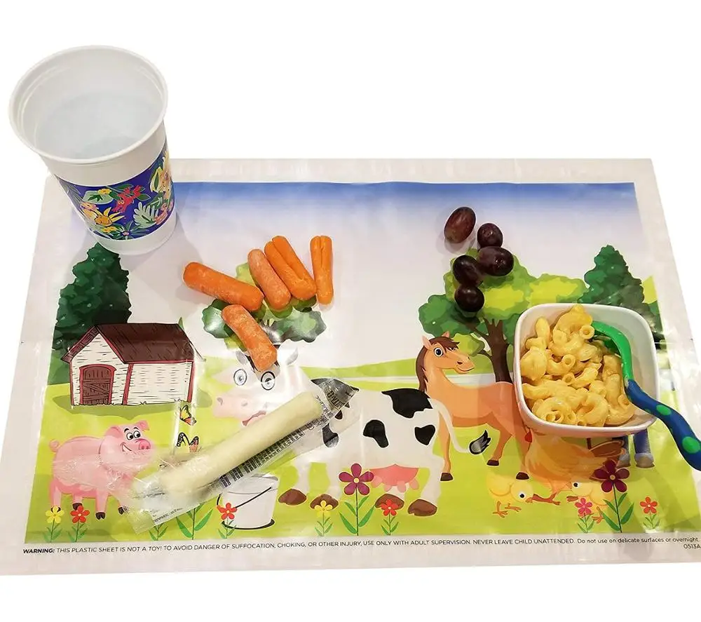 Disposable Adhesive Plastic Table Placemats Kids Baby Print Square Design Kitchen Dining Tea Coffee Bar Wedding Food Use