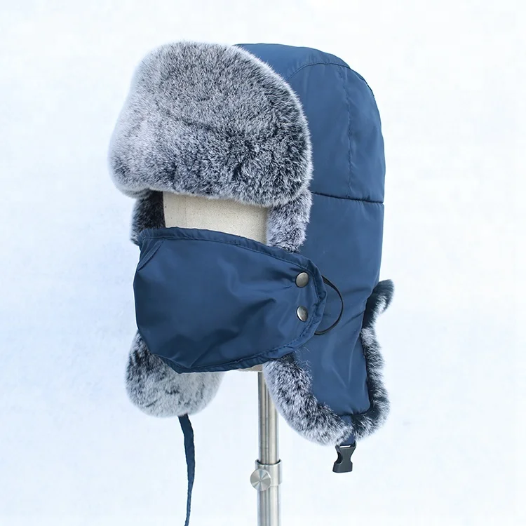 2023 new type SKI MASK rex rabbit fur hat  Russian winter FUR hat with mouth-muffle