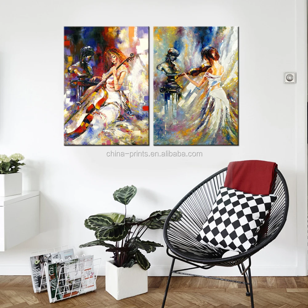 Abstract Canvas Painting The Girl Playing the Cello Canvas Prints Love Violin Music Oil Painting Printed on Canvas 2 Panels