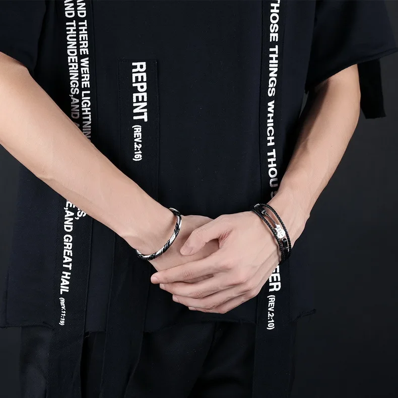 Trendy Stainless Steel Music Festival Guitar Men Leather Rope Bangle Bracelet