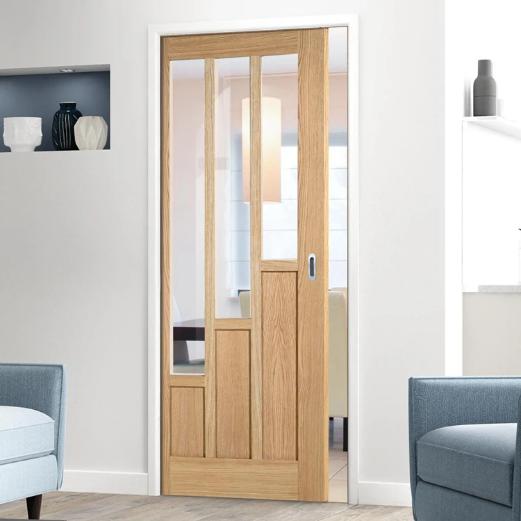 Prettywood Soundproof Sliding Solid Wood Glass Modern Interior Fire Rated Pocket Door