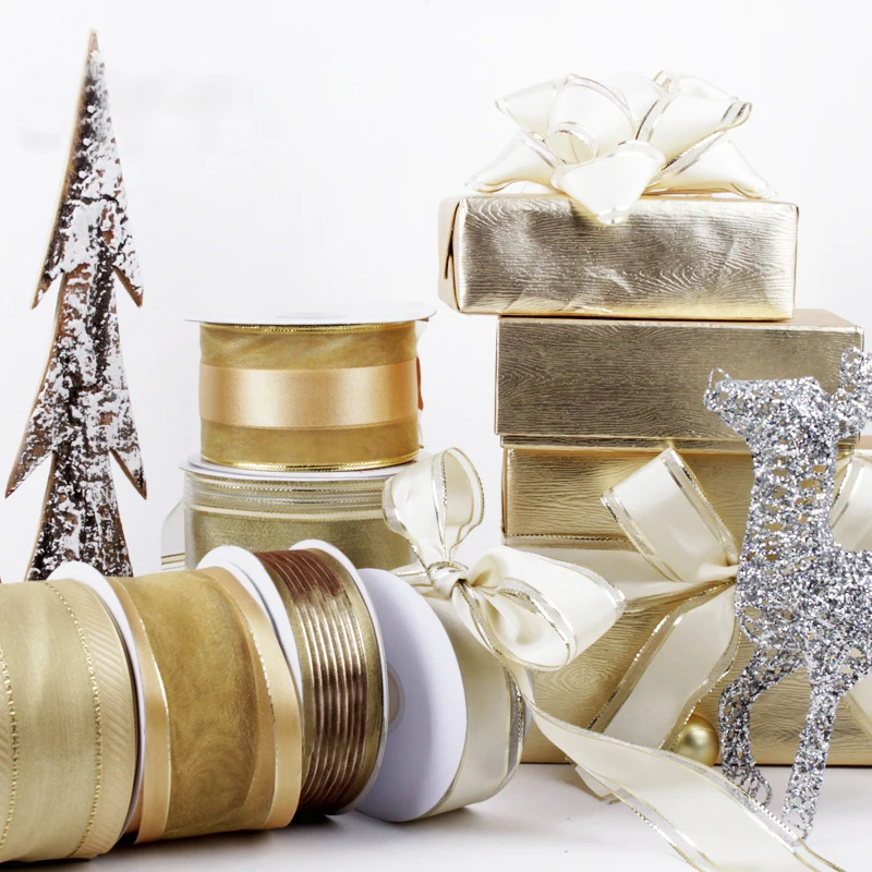 
New Arrived Luxury Gold Series Decorative Wired Organza Ribbon Rolls 