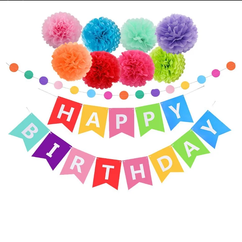 Happy Birthday Decorations Banner With Tissue Pom Poms For Rainbow Birthday Party Supplies