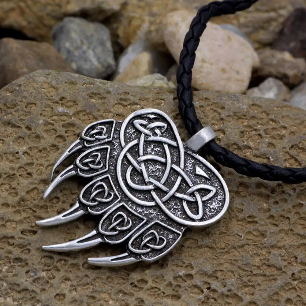 Vikings Runes Amulet Pendant Bear paw claw Veles Symbol Knot Animal men jewelry Scandinavian Talisman Necklace