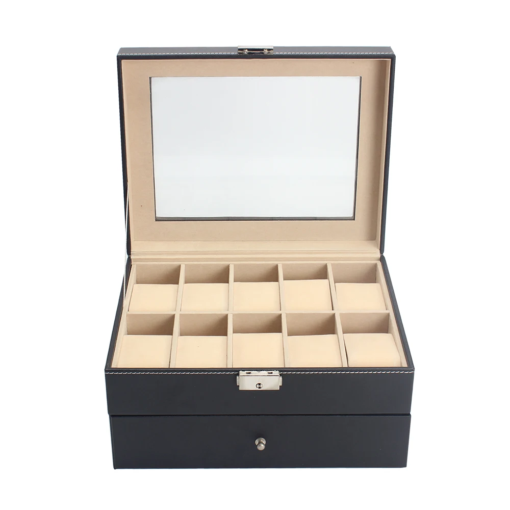 
luxury custom logo 10 slots watch case jewelry black storage leather velvet watch box 