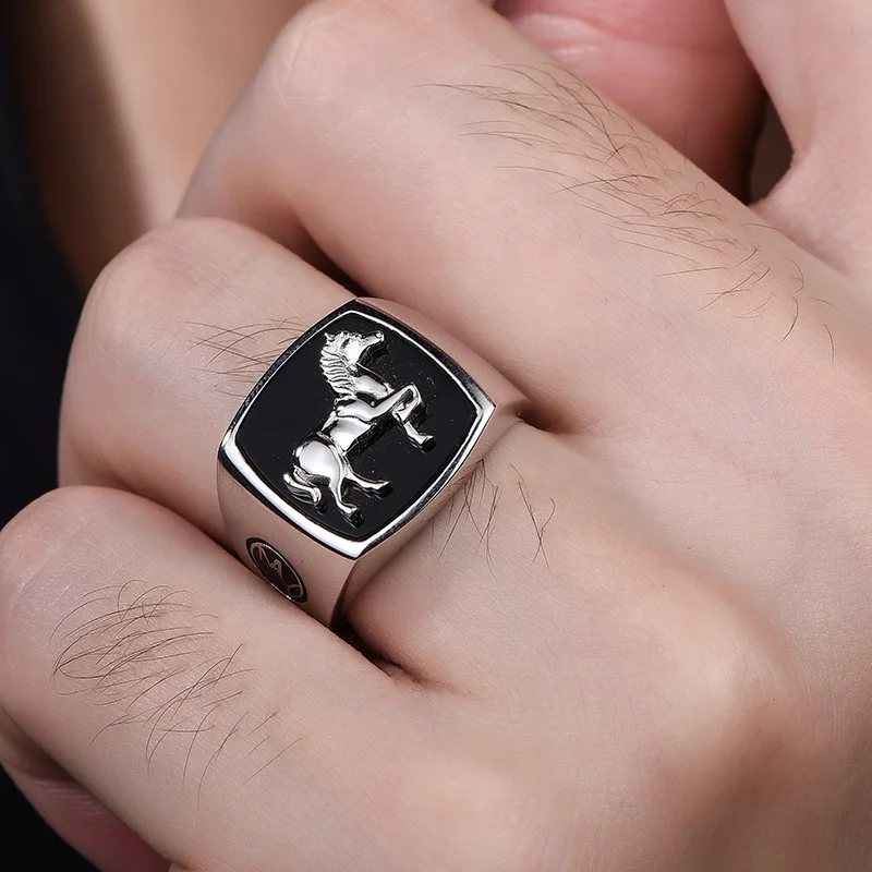 Custom personality design sterling silver 925 fashion men jewelry gift black enamel horse ring