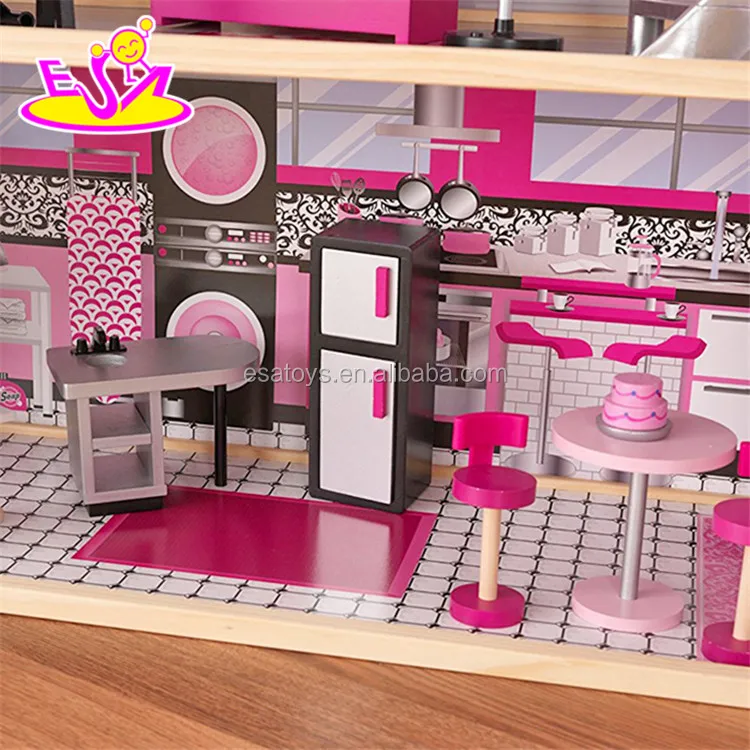 New style 30 furniture pieces children wooden giant doll house for pretend play W06A222