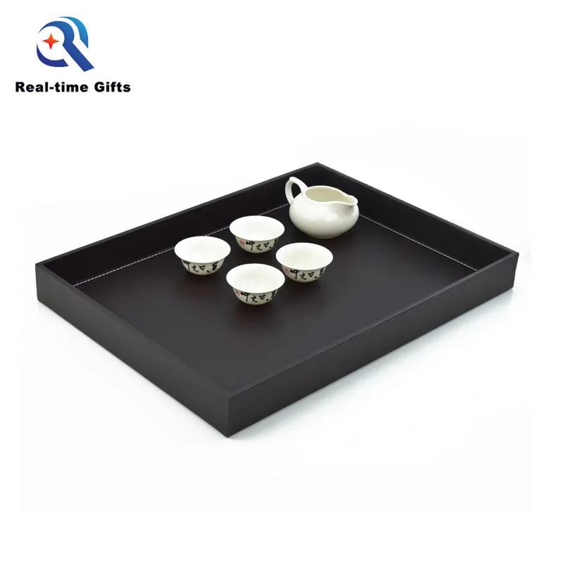 Высококачественный прямоугольный черный поднос из искусственной кожи для чая