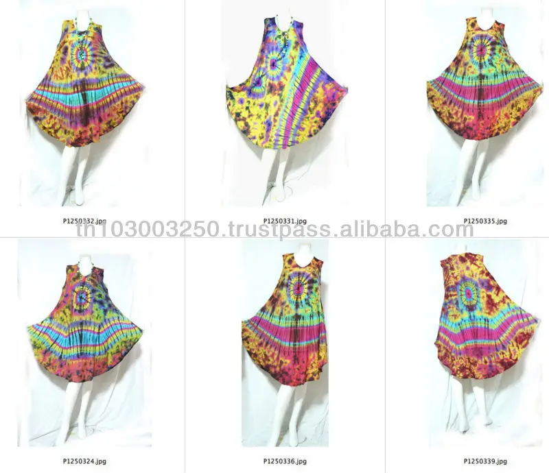 
Vintage Retro Thai Style HIPPIE BOHO FULL Tie Dye Handmade Polka Dot Butterfly Bat Wing Kaftan Tank Dress 