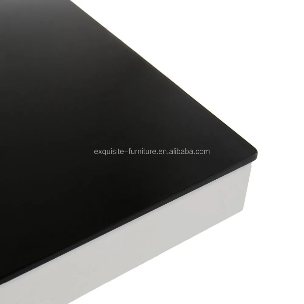 New design high gloss dinner table MDF wood panel 5mm black painted glass top metal base dinning table for sale