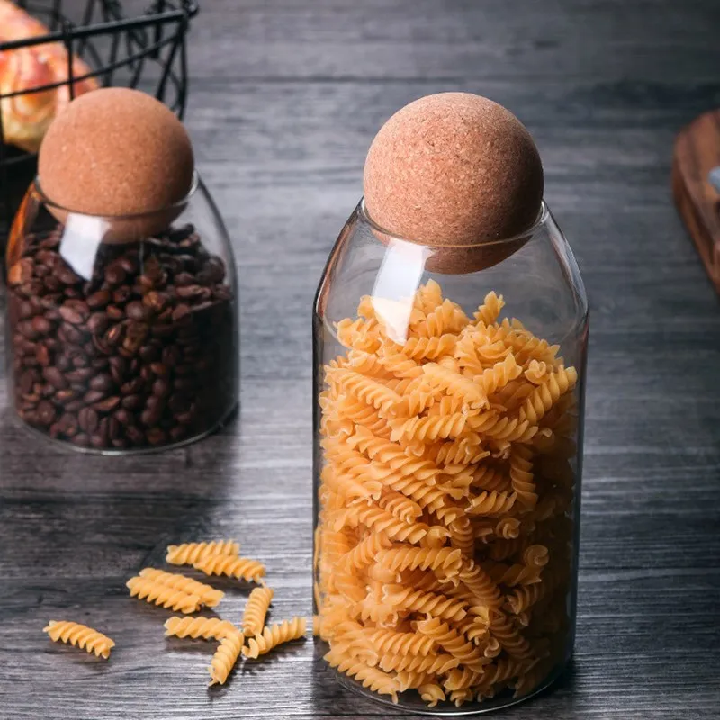 Kitchen Food Container Glass Storage Bottles & Jars with Round Ball Cork Lid