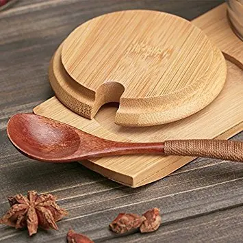 Glass Condiment Jars with bamboo tray and wood spoon for  sugar bowls, tea storage, holding dressings, dipping, salad bar servin