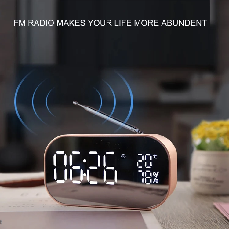 Mirror LED alarm clock with bluetooths wireless speaker FM radio with time,temperature display table clock