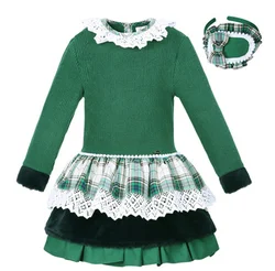 OEM Pettigirl Green Fancy Dress Hollow-out Lace Round Collar Knit Girl Child Sweater Dress