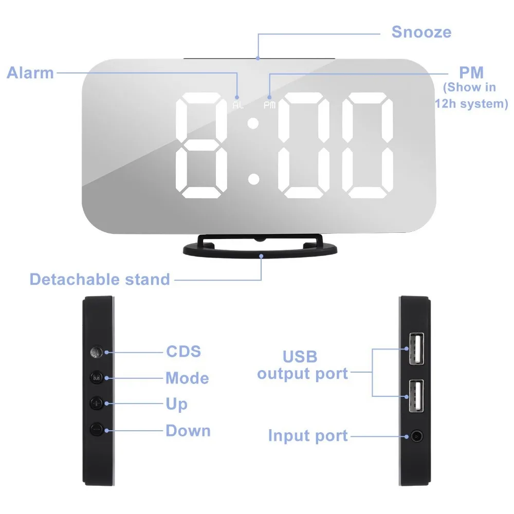 Smart LED Digit Light Large Mirror LCD Screen Digital Table Alarm Clock with Dual USB Charger -Wall hanging or free standing