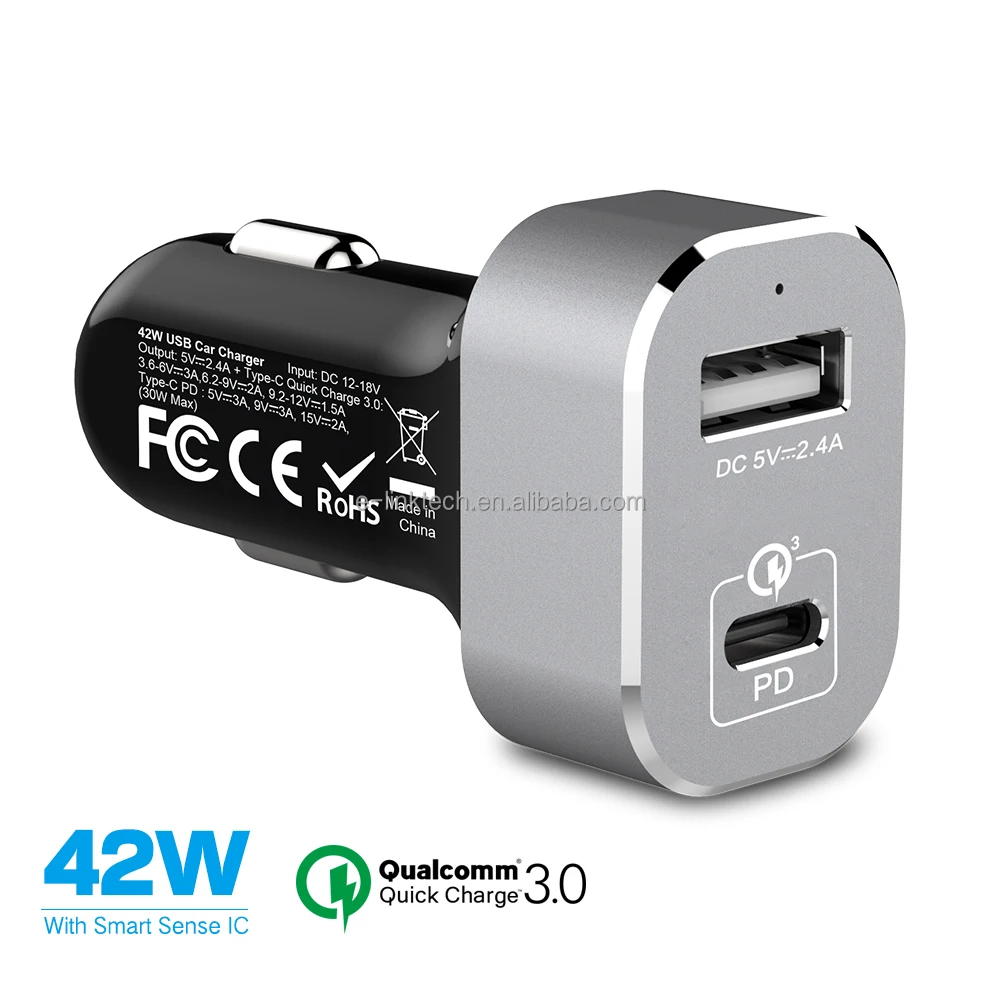 
USB-C PD Car Charger with 30W Power Delivery & 12W USB Dual Port 42W Output for New Macbook iPhone X/8/7 iPad Pro Air Mini 