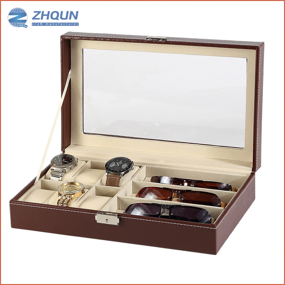 Pu Leather Beautiful Packing Fashion Storage Display Wholesale Combo 3 Sunglasses 6 Watch Holder Box