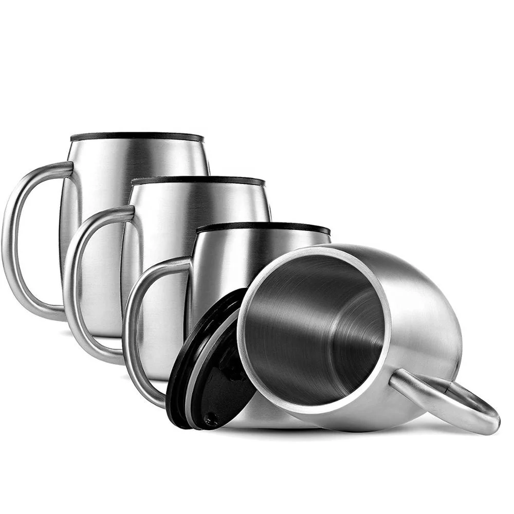
14oz Double Wall Vacuum Insulated Metal Stainless Steel Coffee Beer Barrel Mugs with Handle Barrel-Shaped Camping Water Mugs 