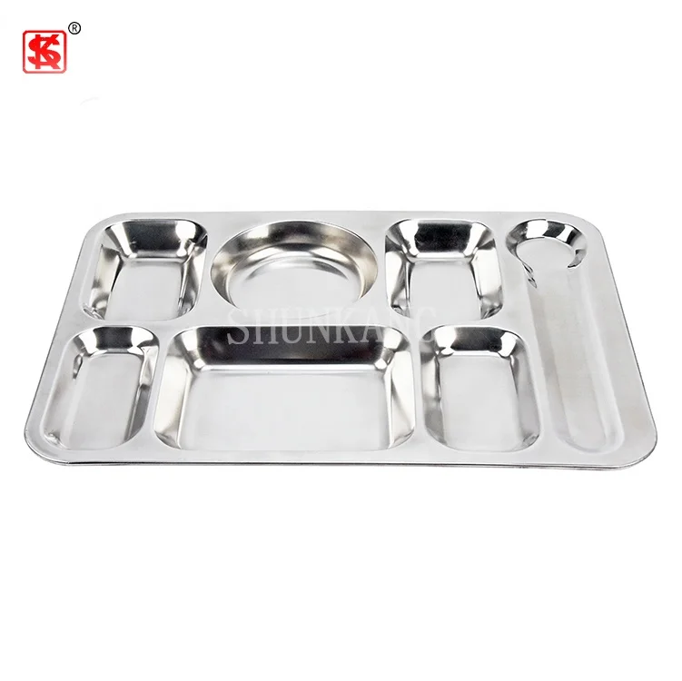 School Canteen Stainless Steel Seven Compartments square lunch tray fast food plate