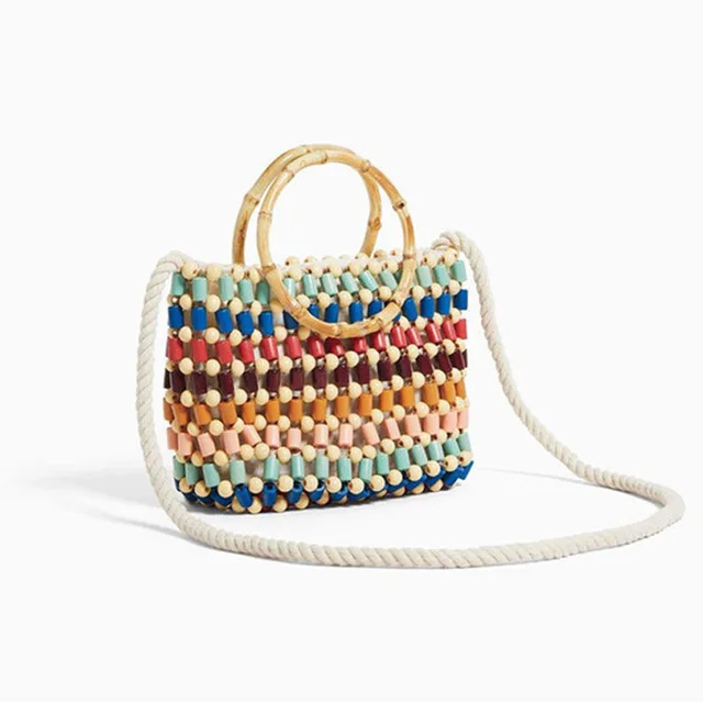 New Arrive Colorful beads woven beach bag shoulder bag crochet tote wooden beads bag for woven