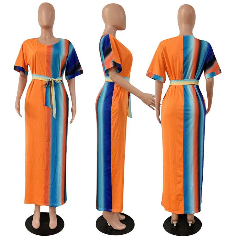 New Design Casual Fat Women One Piece High Waist Striped Print Dress With Belt Sexy Summer Long Maxi Dress Plus Size 2019