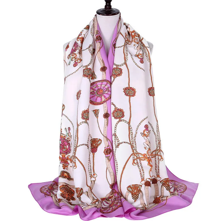 New fashion silk scarf custom red and green chain pattern printed scarves sunscreen shawl for women