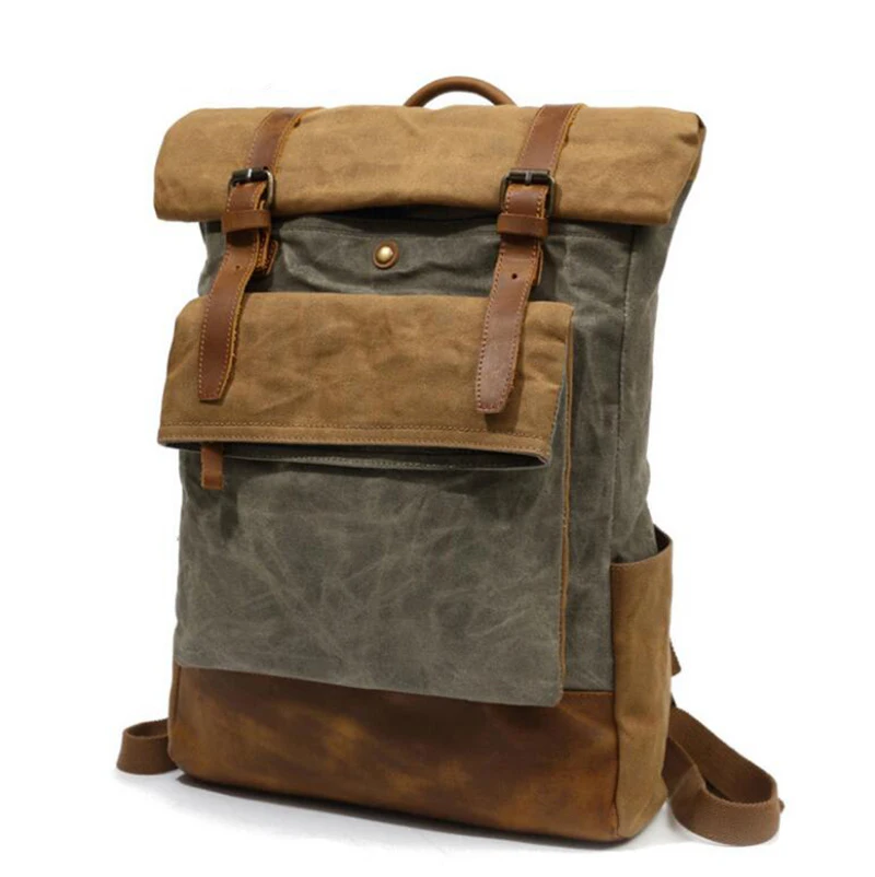 Dreamtop DTB353 waterproof waxed canvas top roll rucksack vintage hiking laptop canvas backpack men