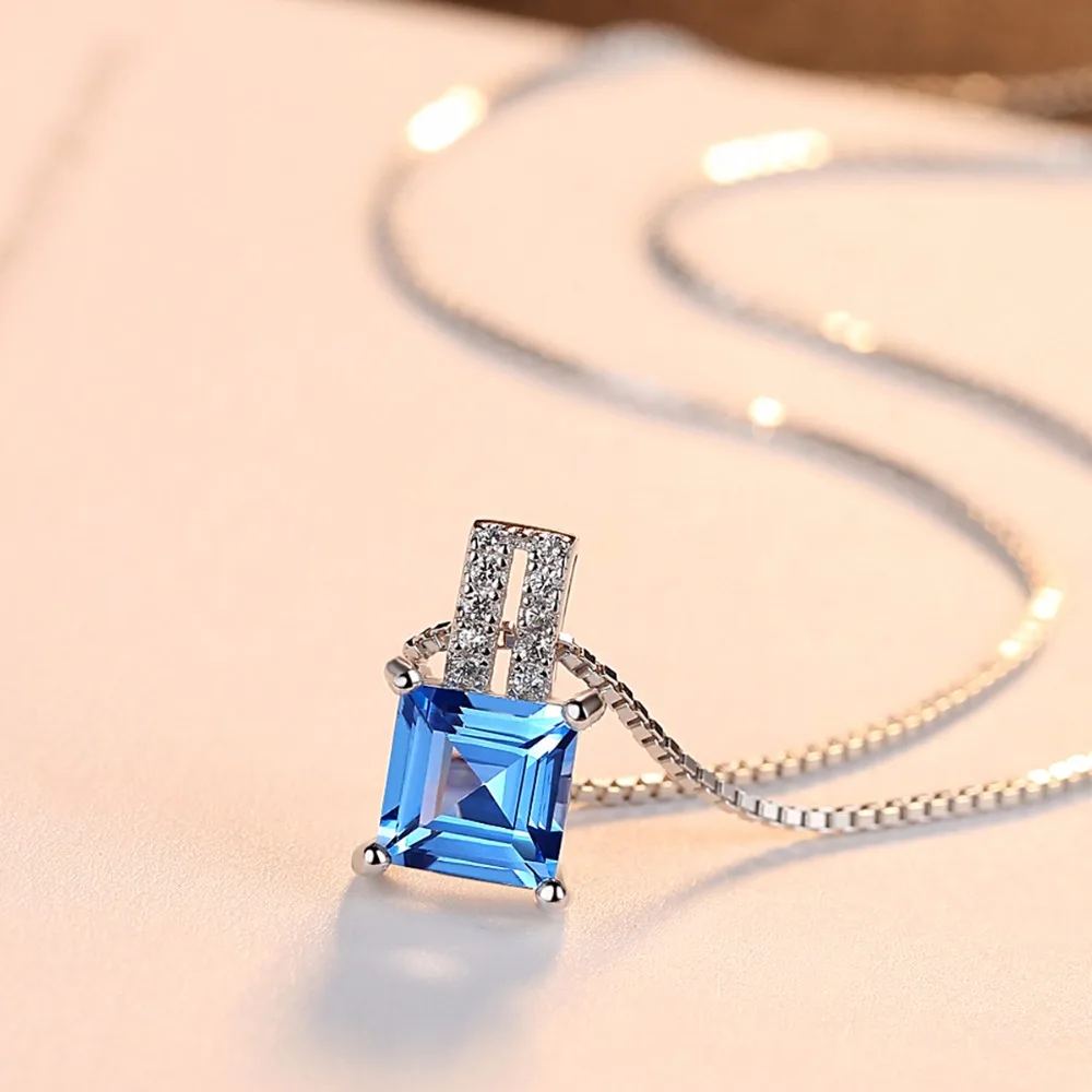 CZCITY Hot Sale Trendy Light Blue Topaz Crystal Necklace Women 925 Sterling Silver Fine Jewelry