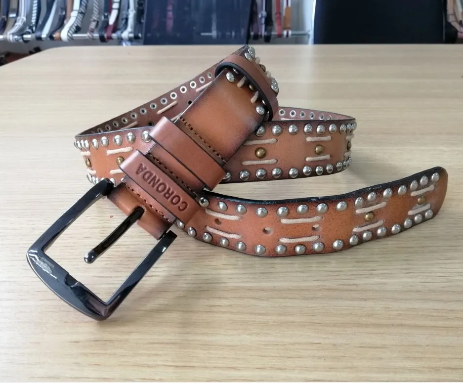 Fashion Rivet Belts Hot Sale Studded Punk Belt Brown Women Genuine Leather Jeans Belt