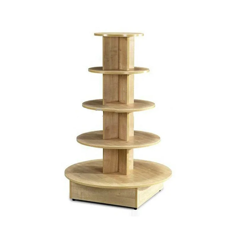 Custom freestanding 5 tier mdf wood round display table/shop display furniture/store tower display