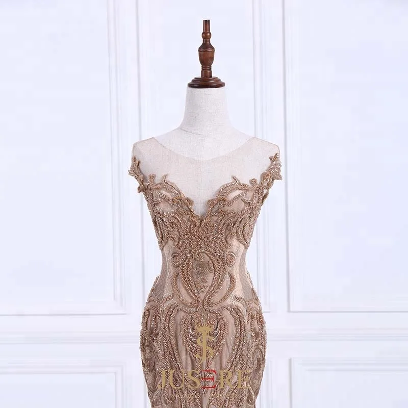 Sexy Mermaid  Gold Luxury Appliqued Beaded Lace Evening Dresses Middle East  In Turkey Dubai Prom Gown