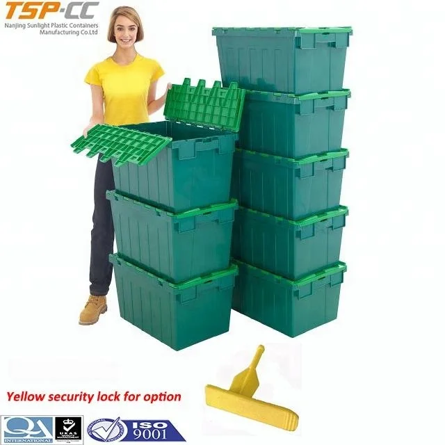 Heavy-duty blue lidded Plastic Container attached lid crate