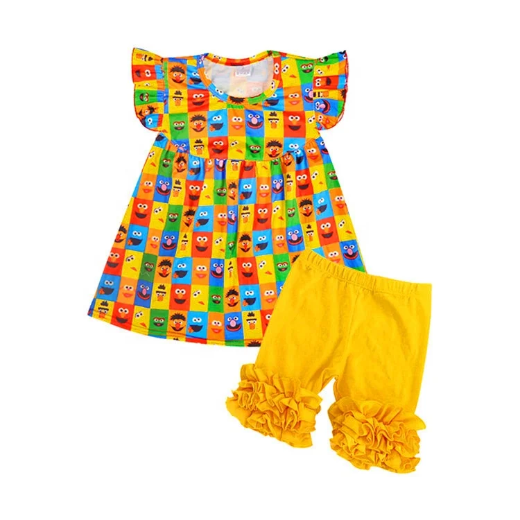 Wholesale summer stylish kids 2pcs clothing set T shirt and Ruffle shorts High quality  baby girl boy clothes outfit set
