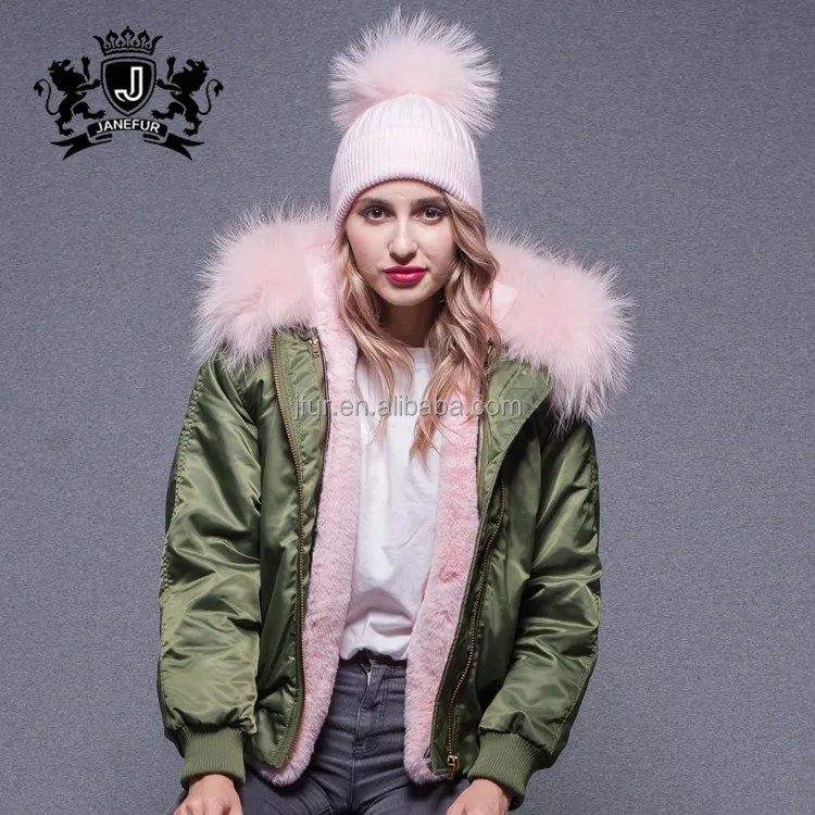 Hot sale new design celebrity raccoon fur parka thick warm winter  fur hooded bomber jacket womens