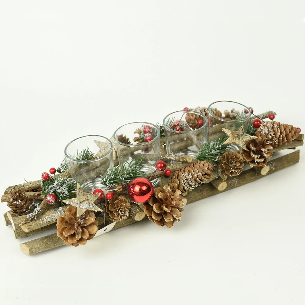 BSCI 4 cups tealight natural candlestick wood pinecone decorative candle holder