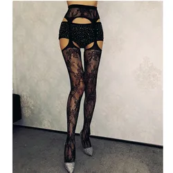 women nylon open crotch fishnet tights  jacquard pantyhose with rhinestone
