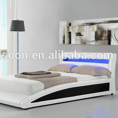 Willsoon Panel and Plywood Style Bedroom Furniture Curve Design LED Double Size Bed with PU Soft Leather Upholstery