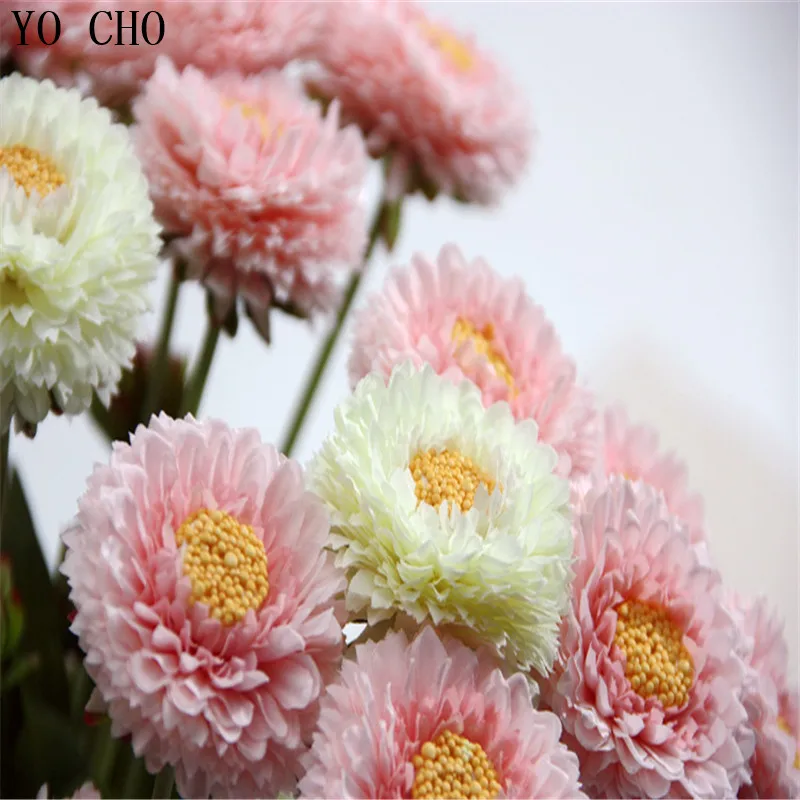 
YO CHO Party Home decoration mini silk artificial flower green leaves Long stem decorative chrysanthemum silk artificial flowers 