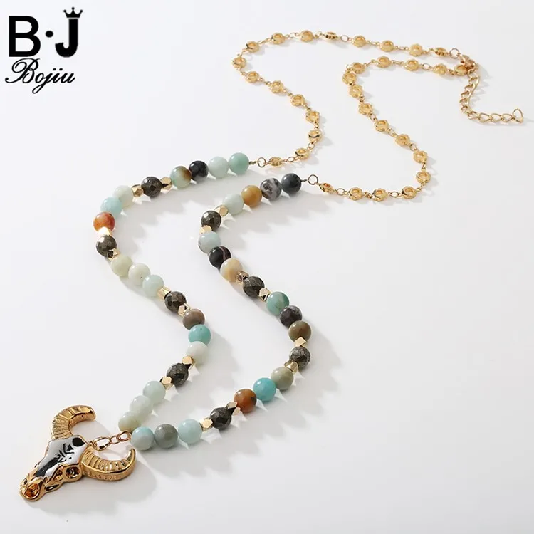 Factory Direct Sales Bull Head Pendant Amazonite  Beaded Men Necklace