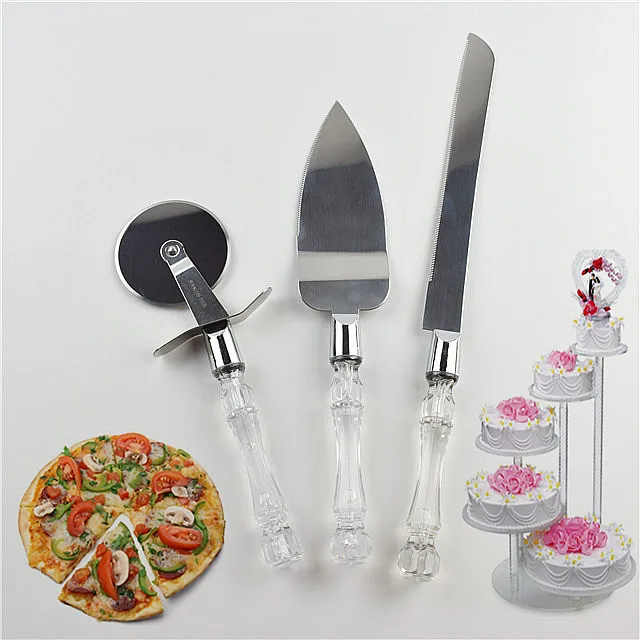 3 pack cake scoop tools set stainless steel pizza cutter cake knife and server set with transparent plastic crystal PS handle
