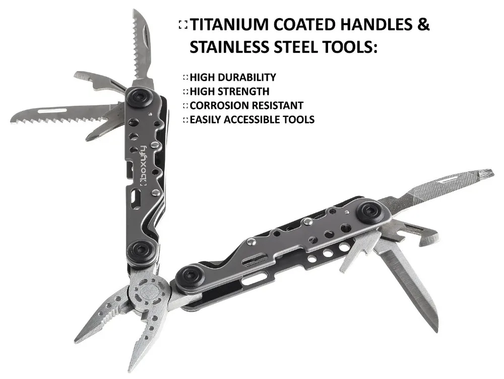 Multitool 14 in 1, Titanium Coated Handles, Sprung Loaded Pliers, Knife, Screwdrivers. Compact Folding Multifunctional Tool Kit