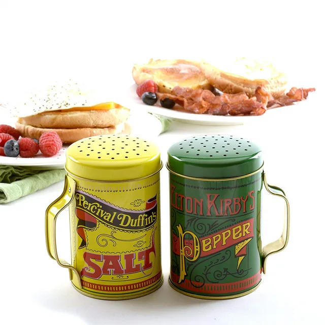 Custom printing round metal funny salt pepper shaker with handle round tin box For packaging Metal Cans