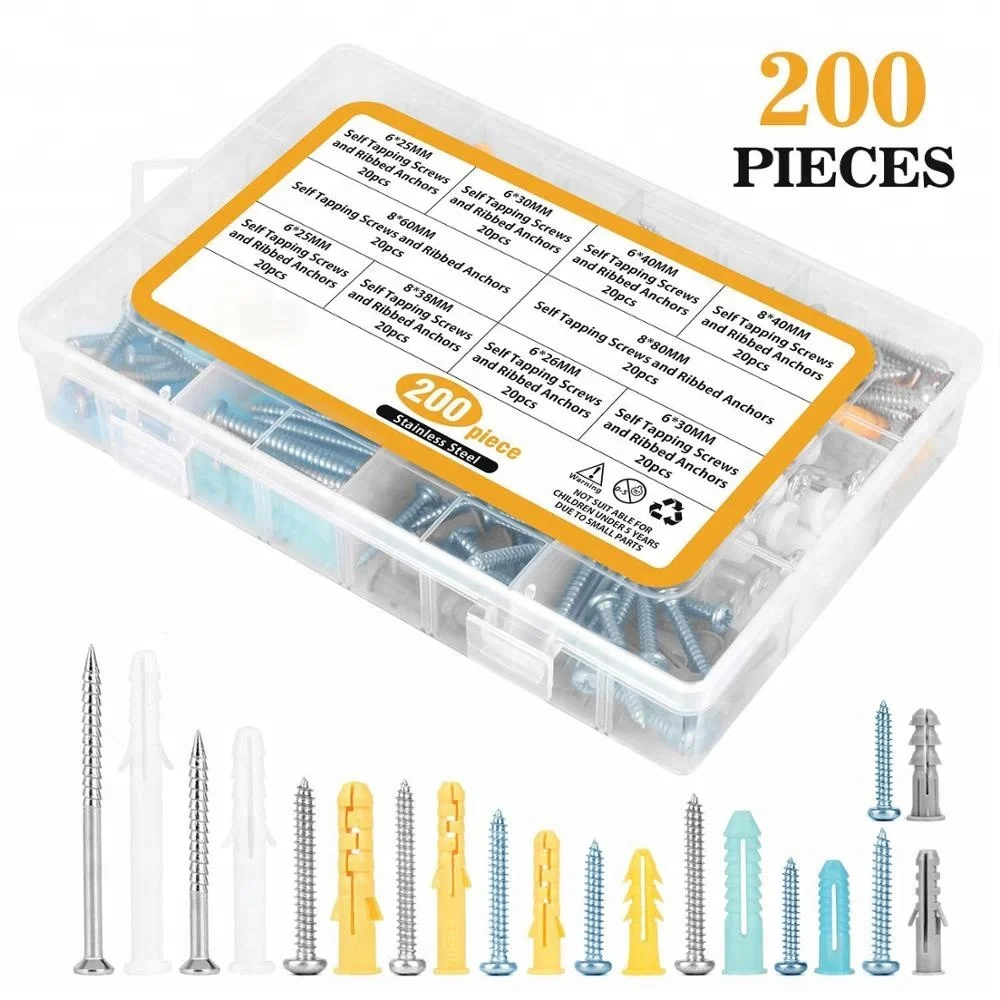 
200PCS Plastic Self Drilling Drywall Ribbed Anchors Assortment with Screws 