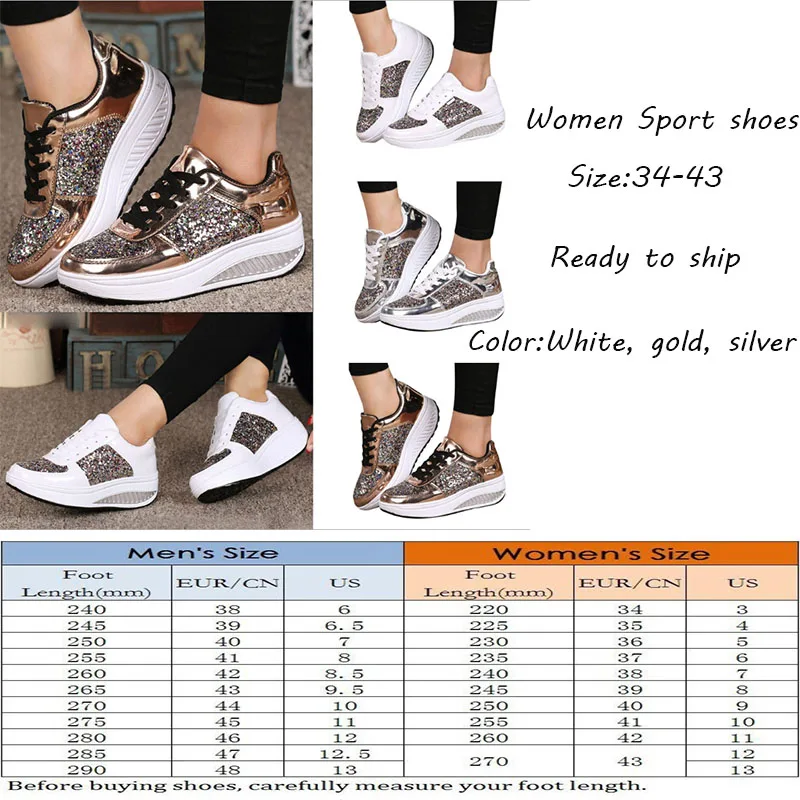 
Ladies Color Mirror Thick Bottom Wedges Large Size Sequins Sports Shoes 