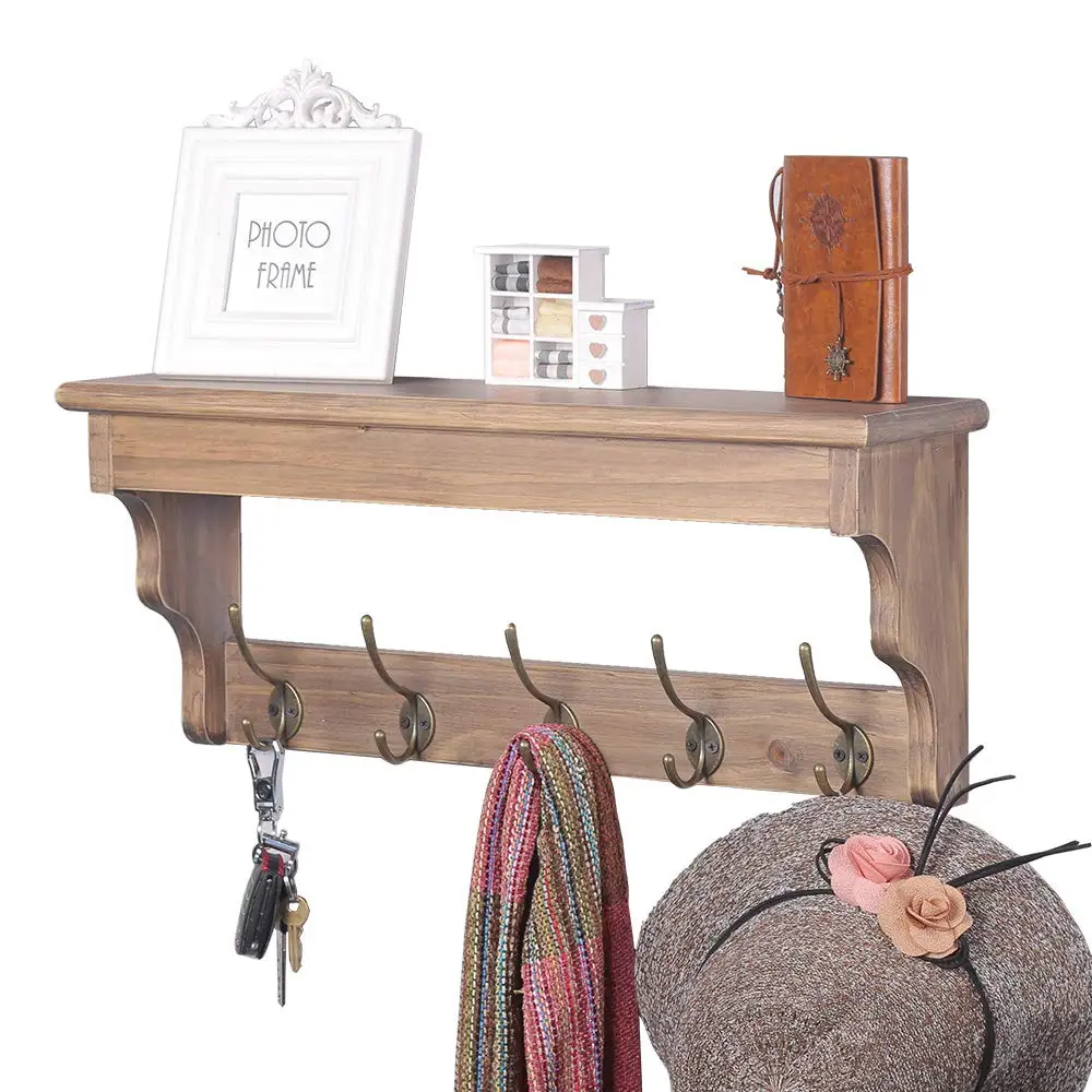 Wall Mounted Coat Rack with Shelf,Wooden Coat Hook Rack with 5 Metal Hooks for Hanging Coats,Rustic Entryway Shelf Wood Shelves