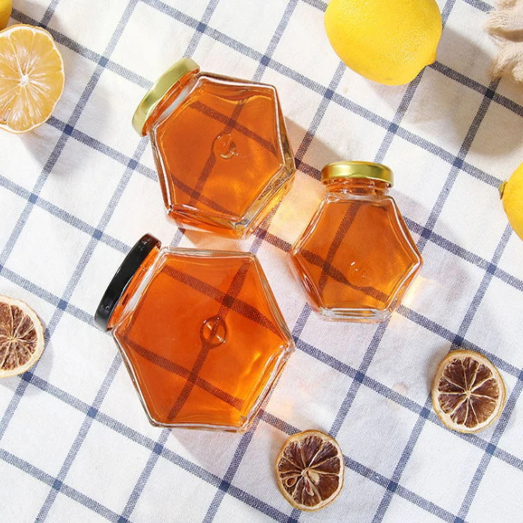 
Wholesale Hexagon Glass Jar Storage 100ml 180ml 280ml 380ml Six-Rowed Glass Honey Jar With Metal Cap 